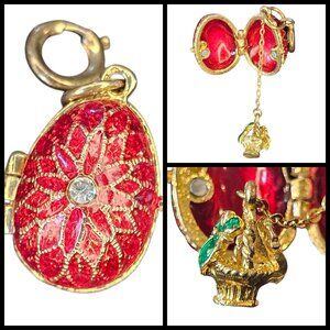 Russian Red Enameled Egg Pendant Charm Red Flower‎ Locket Basket Inside .75"